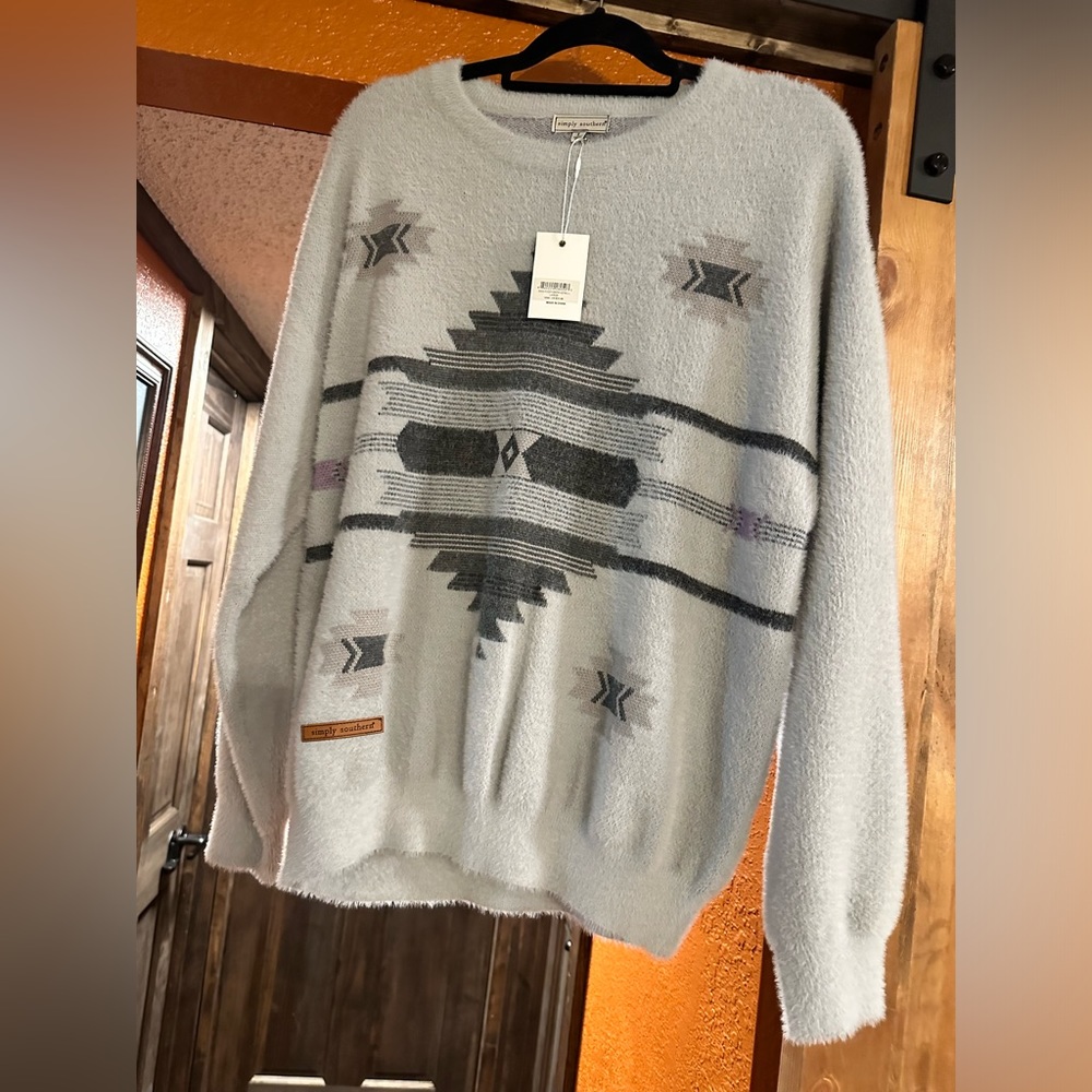 Simply Southern Light Gray Aztec Fuzzy Crewneck Sweater